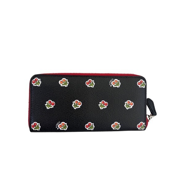 Coach Accordion Zip Wallet Black Crossgrain Leather Cherry Print C1813 - Picture 2 of 6